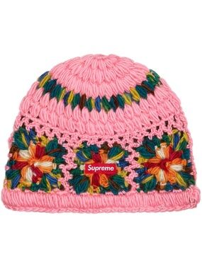 Supreme Crochet Beanie SS25 Pink Multicolor Floral Box Logo OS